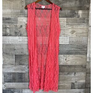 Lularoe Duster Vest Hot Pink Lace Sleeveless Long Cardigan Women's Size M